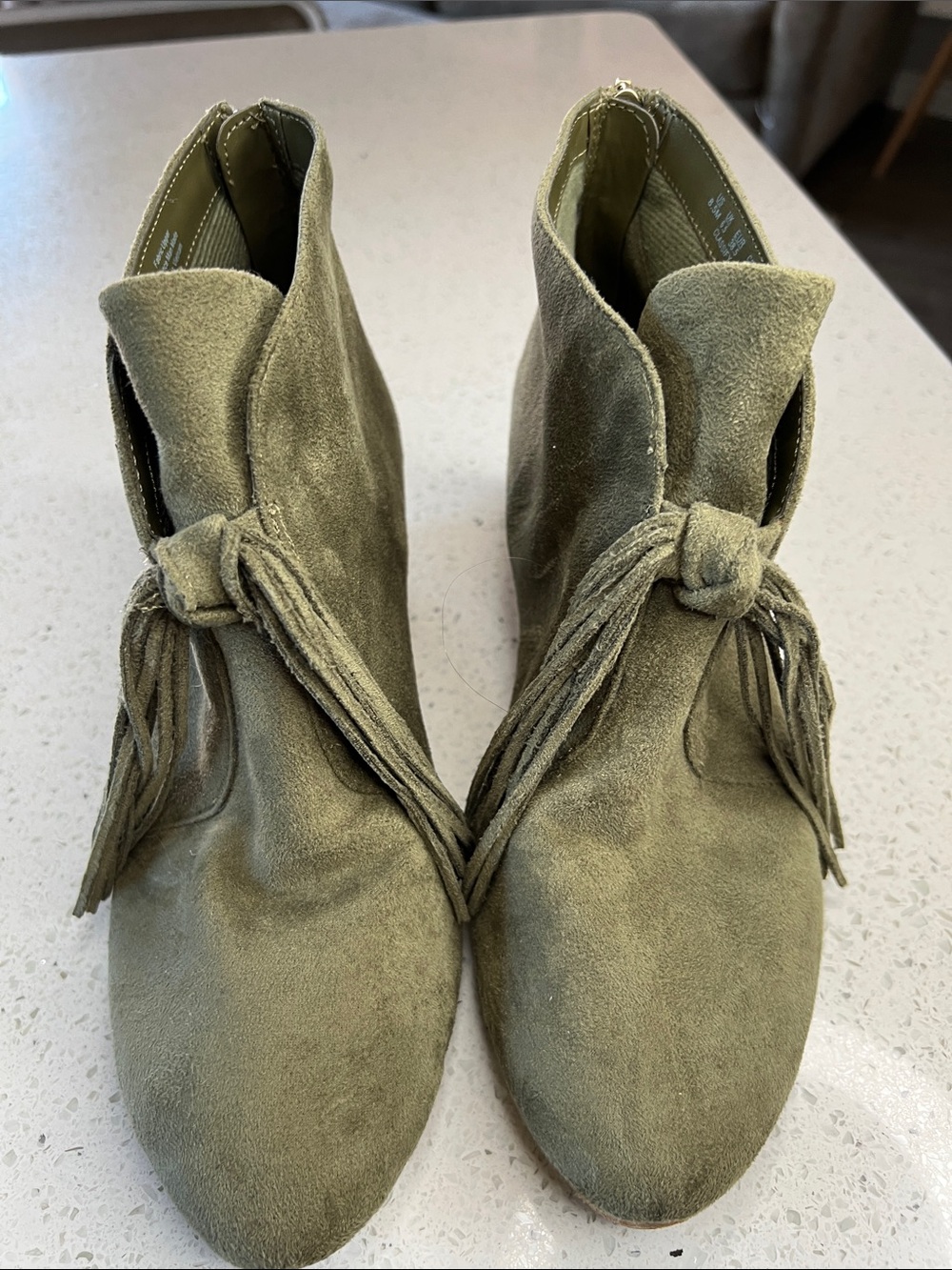 Dr. Scholl's Olive Green Suede Fringe Ankle Booties